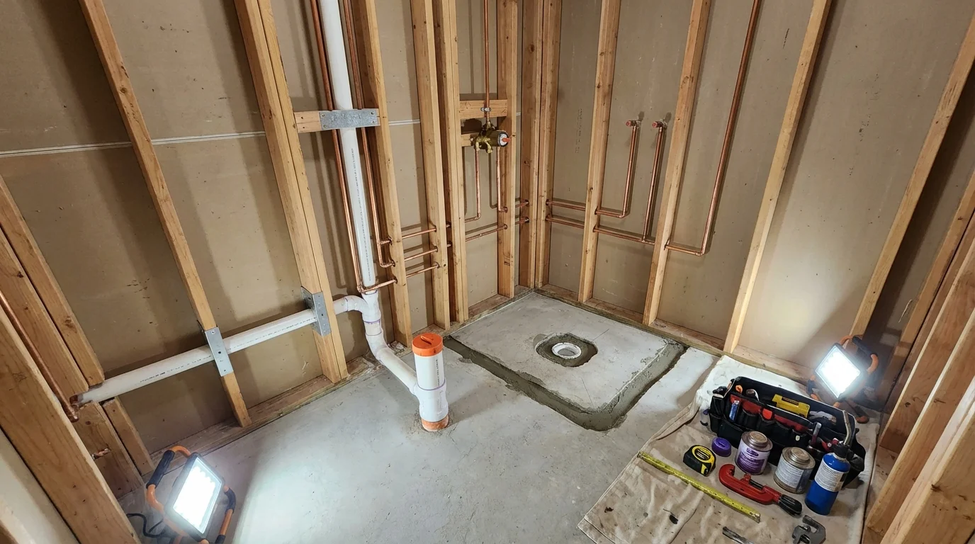 Bathroom rough-in plumbing during remodel by Johns Plumbing LLC in Hurlock