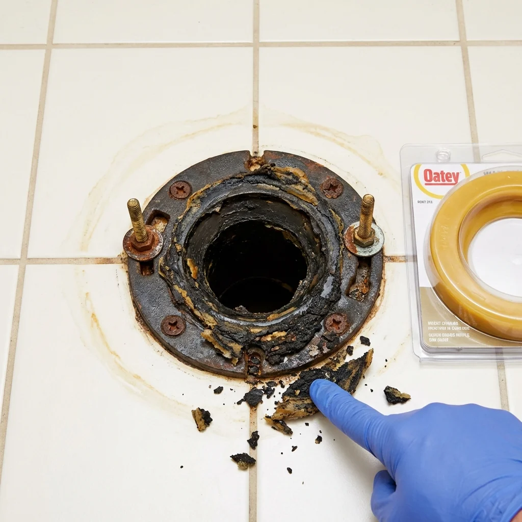 Failed wax ring showing water seepage at the base of a toilet in a Hurlock, MD home